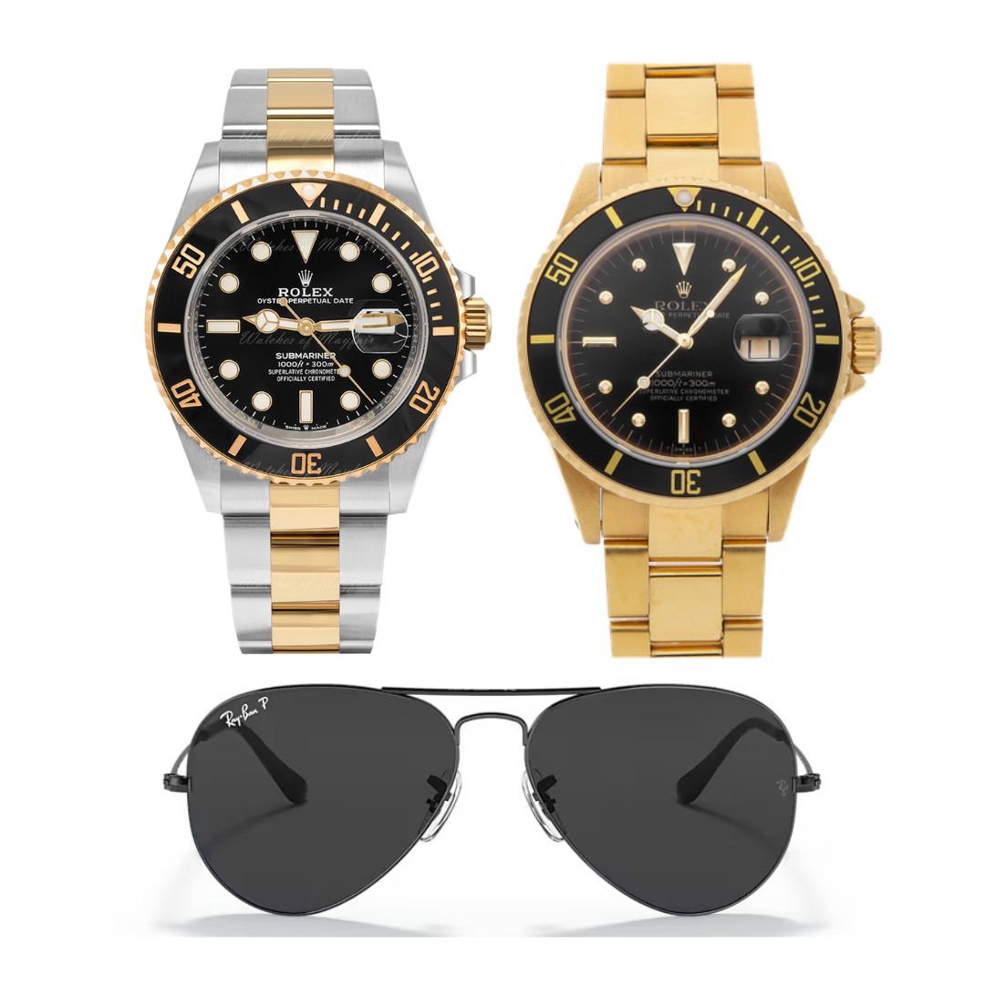 Set Premium de Accesorios | 2 Relojes Estilo Rolex + 1 Gafas Ray-B